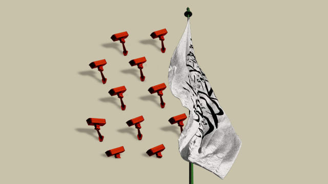 Photo illustration of the flag of the Taliban with surveillance cameras.