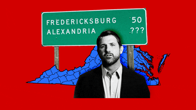 A photo illustration of GOP candidate Derrick Anderson, a map of Virginia, and a road sign showing the distance between Fredicksburg, Alexandria, and Washington, DC.