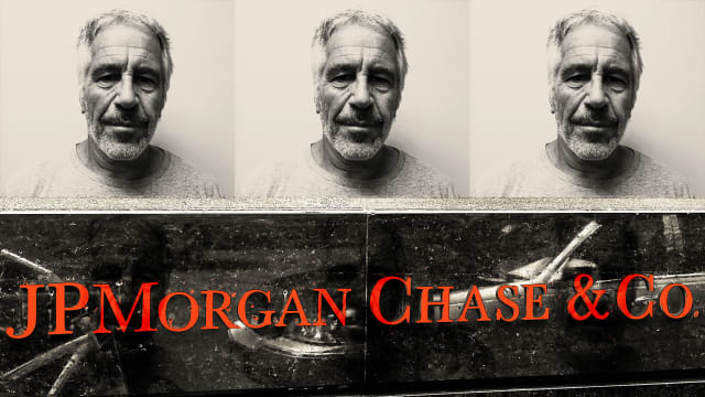 A photo illustration of Jeffrey Epstein and the JPMorgan Chase logo.