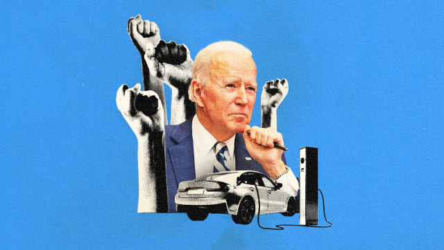 Joe Biden surrounded by raised fists and an electric car