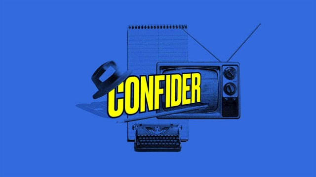 An image of a television, a hat, typewriter and notepad with the word "Confider" over the top.