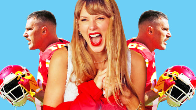 Taylor Swift in a Chiefs jacket cheering on Travis Kelce who is layered behind her twice