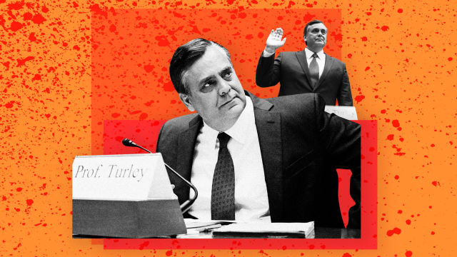 A photo illustration showing Jonathan Turley testifying during the impeachment inquiry by the House Oversight and Accountability Committee.