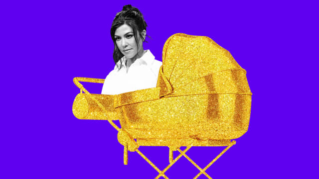 A photo illustration of Kourtney Kardashian in a golden stroller.