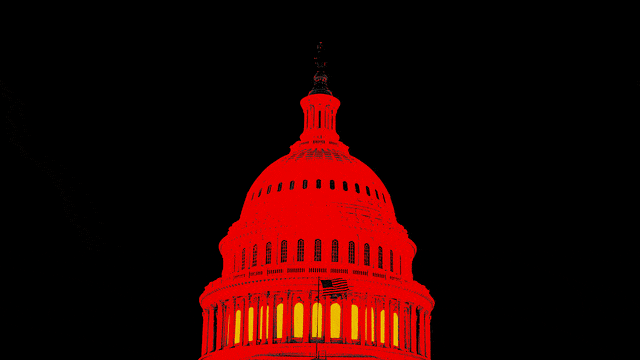 A photo illustration showing the U.S.A. government’s capitol building with flickering lights on and off.