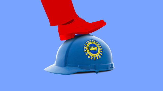 A red business shoe steps on a blue UAW hardhat.