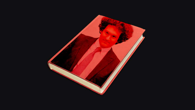 A photo illustration of Sam Bankman-Fried on the cover of a red book.