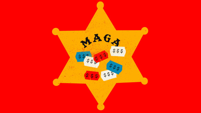 A sheriff’s badge reading “MAGA,” festooned with price tags, against a red background.