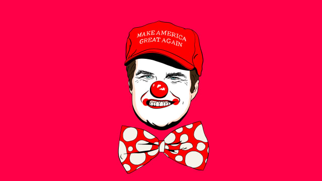 Illustration of Matt Gaetz wearing a MAGA hat and clown makeup