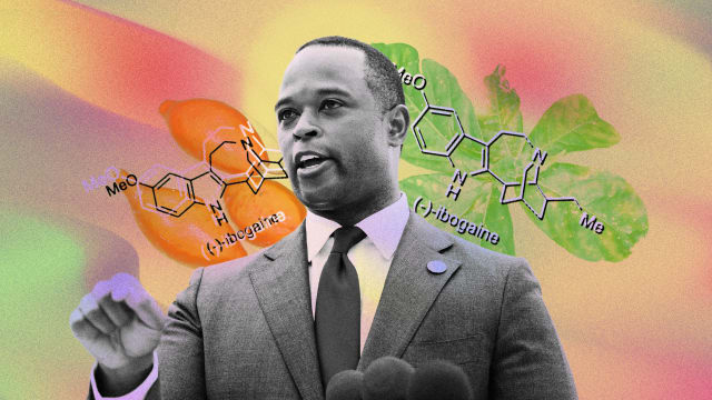 A photo illustration of Kentucky AG Daniel Cameron and ibogaine.