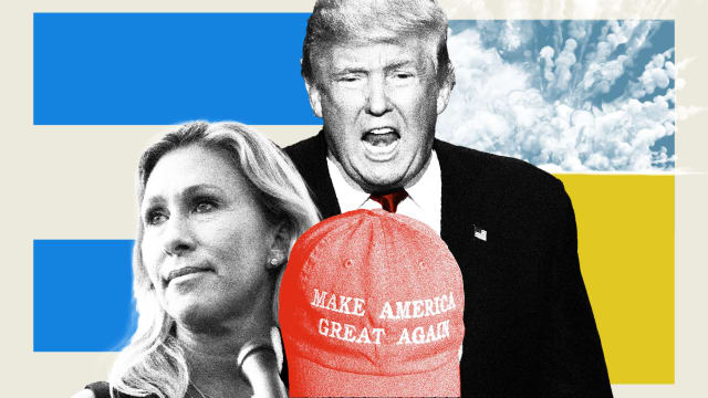 Photo illustration of Donald Trump, Marjorie Taylor Greene, and a man wearing a MAGA hat on a blue, white, and yellow background with smoke from an explosion