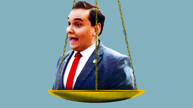 Photo illustration of George Santos on the scales of justice