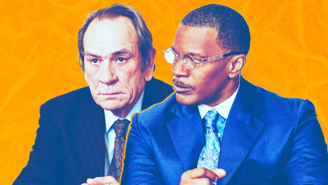 A photo illustration of Tommy Lee Jones and Jamie Foxx in The Burial.