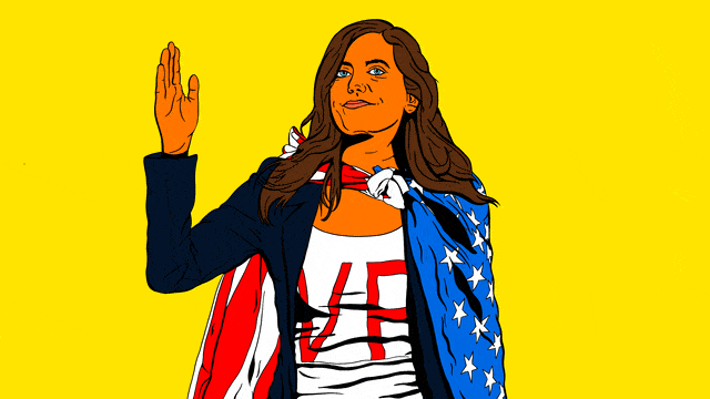 Illustrated gif of Nancy Mace with an American flag draped around her shoulders, the letters “VP” on her shirt, and her hand waving.
