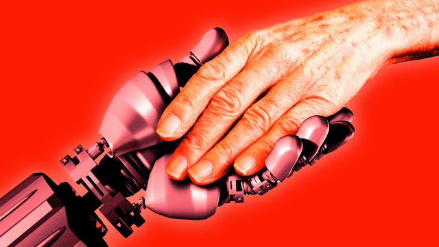 An illustration that includes photos of AI holding hands with a Person
