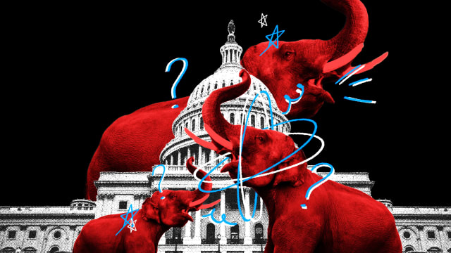 Red elephants run around outside of Congress in a tizzy.