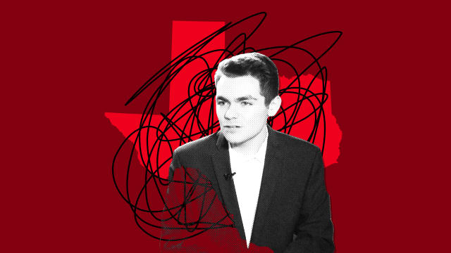 A photo illustration of Nick Fuentes and the map of Texas.