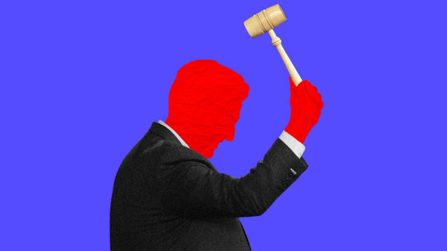 A photo illustration of the House Speaker holding the gavel.