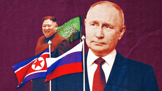 A photo illustration of Russian President Putin, North Korea leader Kim Jong Un, and the flag of Hamas.