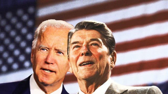 An illustration that includes photos of U.S. President Joe Biden and former U.S. President Ronald Reagan