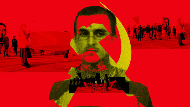 A photo illustration showing a mugshot of Jared Roark over the Communist of India or Maoist symbol, with images from a Red Guard protest.