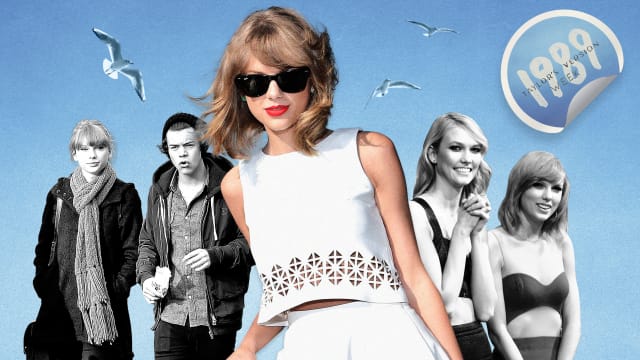 An illustration including photos of Taylor Swift, Harry Styles, and Karlie Kloss