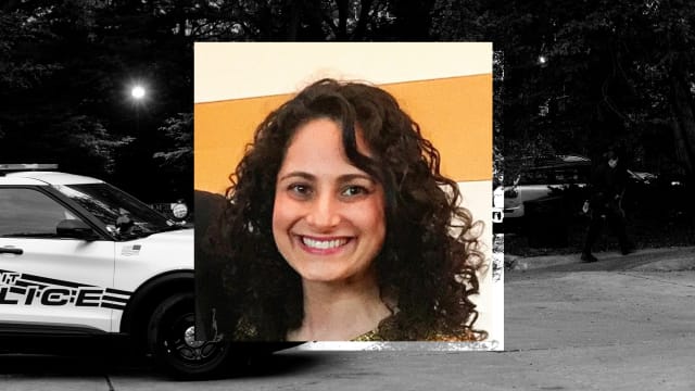 A photo illustration of Samantha Woll, board president of Isaac Agree Downtown Synagogue, and a background of the crime scene.