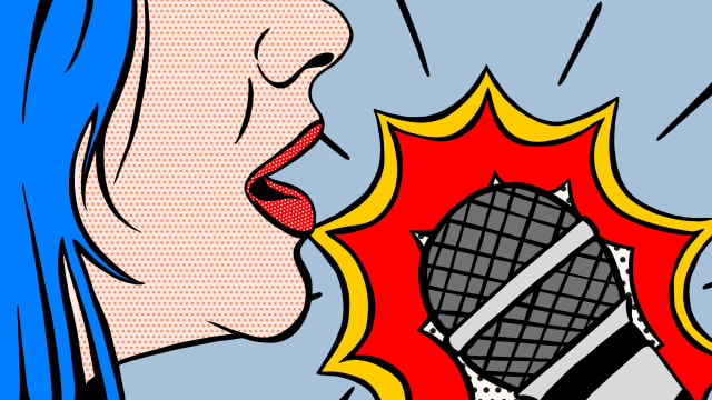 Illustration of a part of the profile of a woman’s face with a microphone