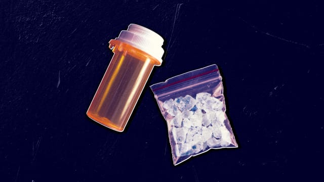 A photo illustration of a prescription bottle and crystal meth in a bag.