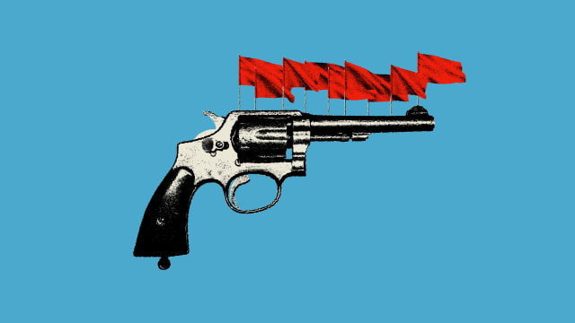 Photo illustration of a revolver with red flags on top of it