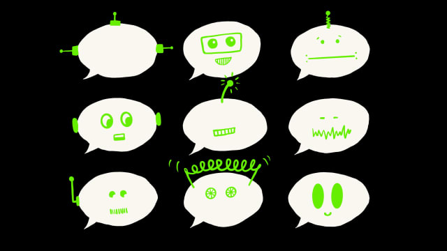 Nine white speech bubbles on a black background with green robot doodles