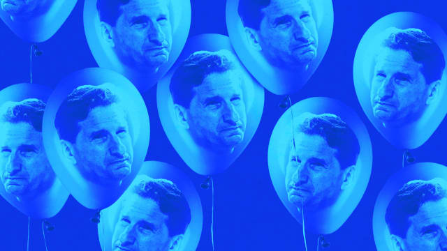 A photo illustration of Dean Phillips on party balloons