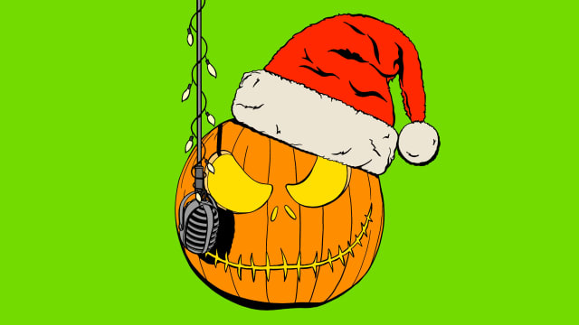 Illustration of a Jack o Lantern with a Santa hat and a microphone hanging down with Christmas lights on it
