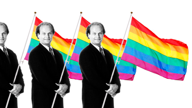 A photo illustration showing Frasier with a Gay Pride Flag.