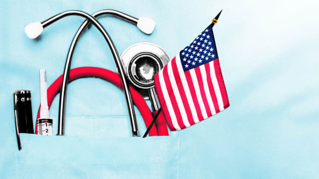 A photo illustration showing a doctors pocket with an American flag.