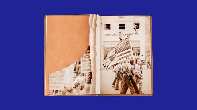 A photo illustration of a torn book and pages with photographs from the Civil Rights Era.