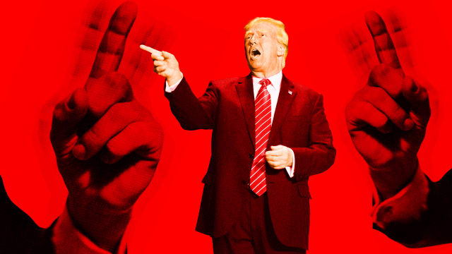A photo illustration of former President Donald Trump and wagging fingers.