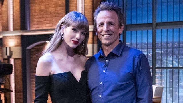 Taylor Swift and Seth Meyers on the set of "Late Night"