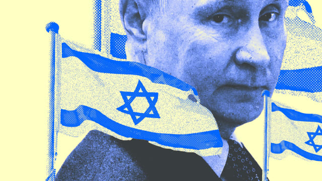 A photo illustration of Vladamir Putin surrounded by Israeli flags