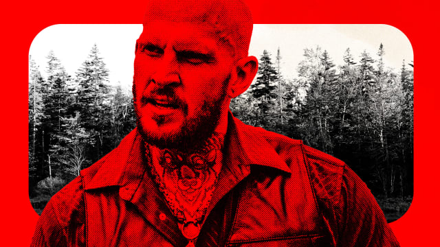 A photo illustration of Christopher Pohlhaus overlaying a forest in Maine in red and black.