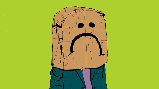 Illustrated gif of a man in a suit wearing a paper bag over his head with a face drawing on it switching between a frown and a smile with a tongue sticking out with a pill on it.