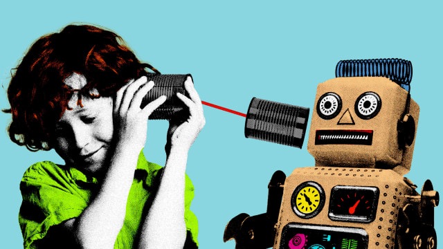 Photo illustration of a boy and a robot talking with tin cans.