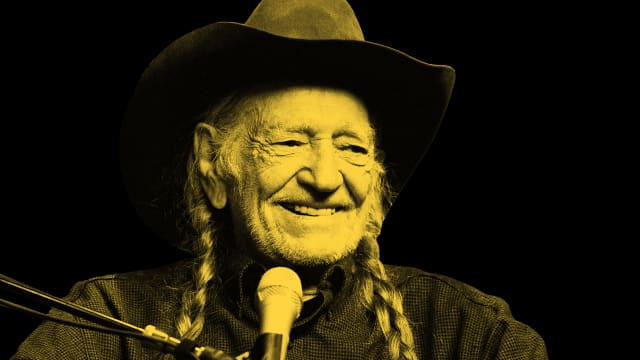 Photo illustration of Willie Nelson with a yellow overtone on a black background
