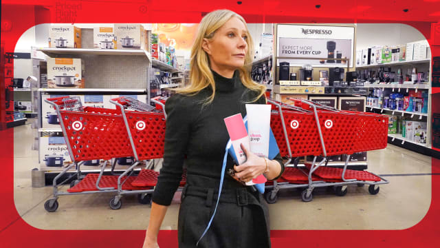 A photo illustration of Gwyneth Paltrow inside of a Target carrying her goop products