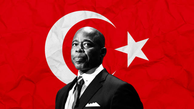 A photo illustration of NYC Mayor Eric Adams over the Turkish flag.