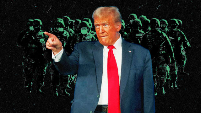 A photo illustration of former President Donald Trump and military soldiers in the background.