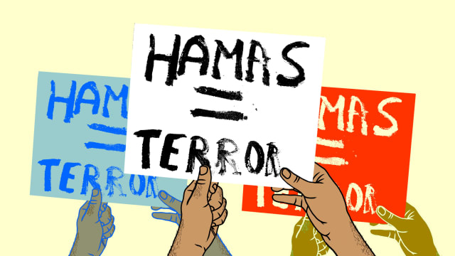 Alt: A photo illustration of stylized hands carrying signs that read “Hamas = Terror”