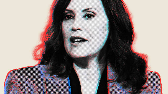 Photo illustration of Gretchen Whitmer with blue and red glitches on a beige background