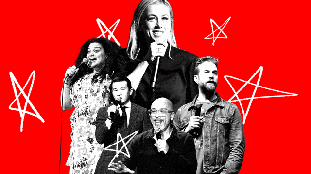 A photo collage of Jo Koy, Anthony Jeselnik, Iliza Shlesinger, Michelle Buteau, and Ronny Chieng with stars around them