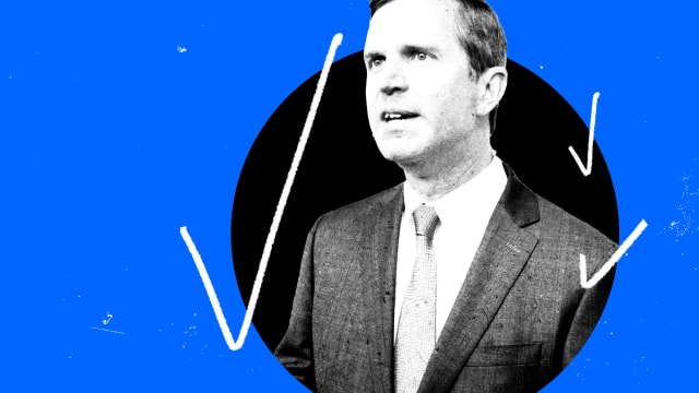 A photo illustration of Andy Beshear with check marks around him